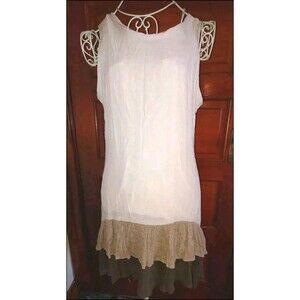EUC Sz Med Adorn Linen Cream/Brown Ruffle Dress Boho Hippie Lined